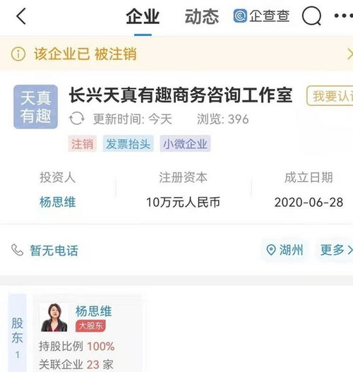 杨天真商务咨询工作室工商变更 经营状态为注销